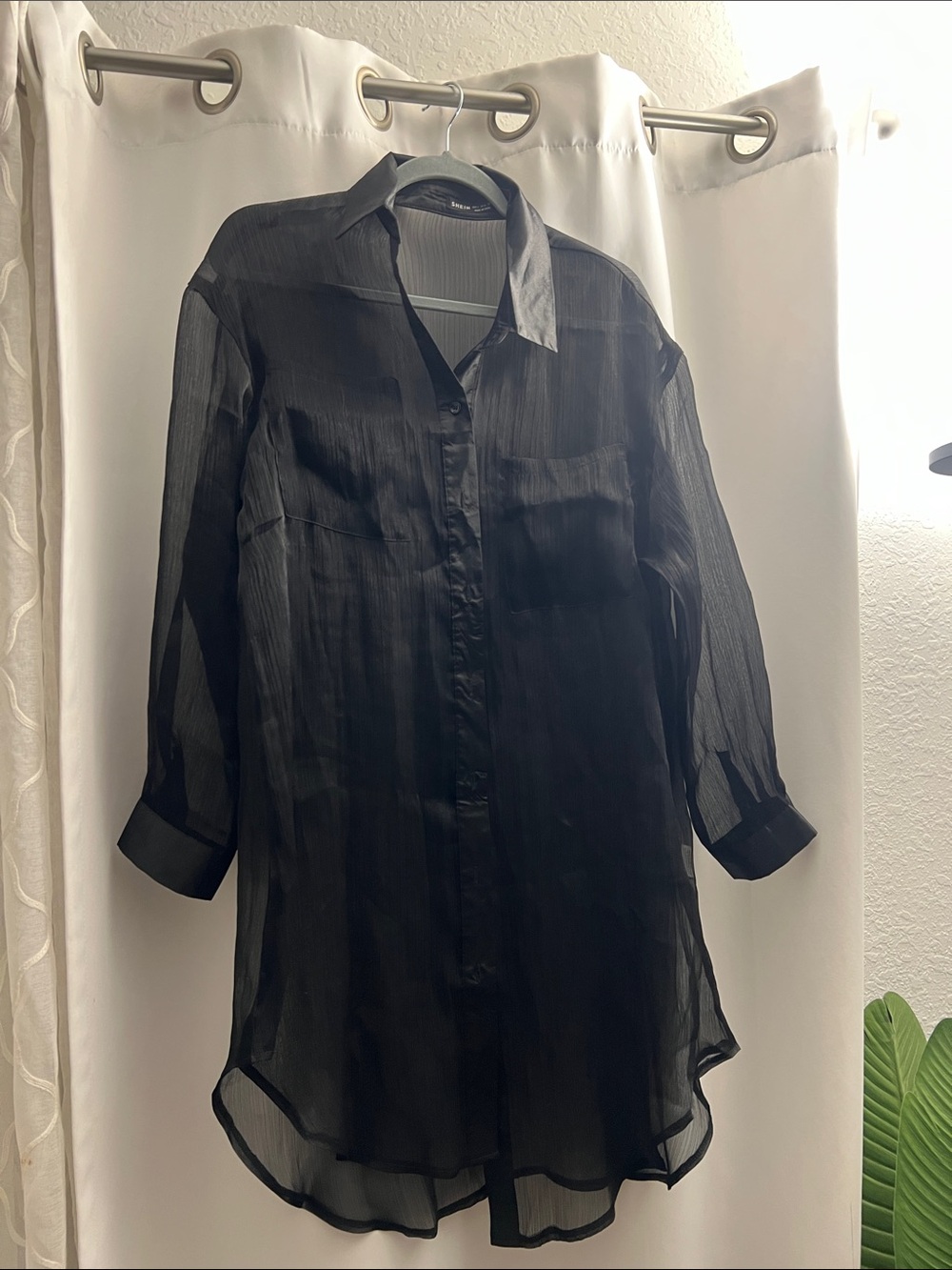 SHEIN Black Sheer Longline Button-Down Shirt